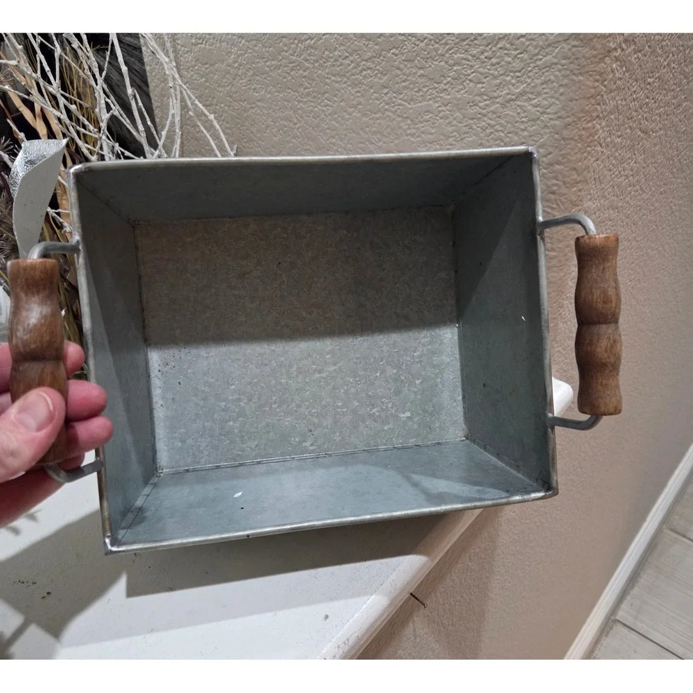 Rae Dunn Galvanized Metal Storage Bin Basket KEEP with Wood Handles Farmhouse